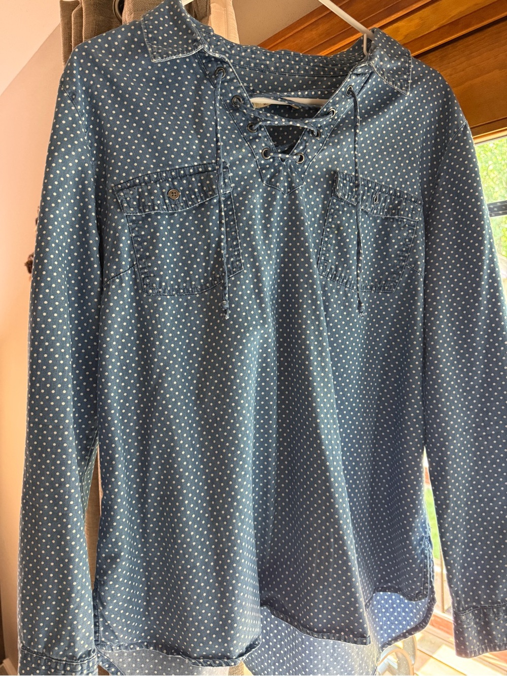 Ruff Hewn Blue Polka Dot Lace-Up Long Sleeve Shirt